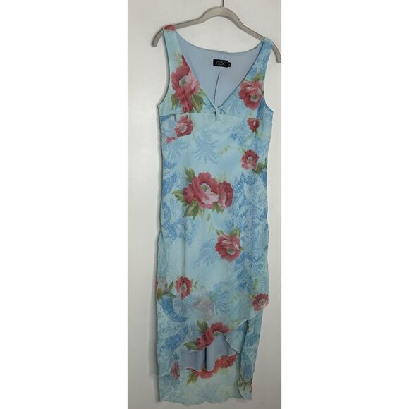 Vtg Y2k CDC Baby Blue Floral Chiffon Romantic V Neck High Low Dress Sz 12 - Picture 2 of 6
